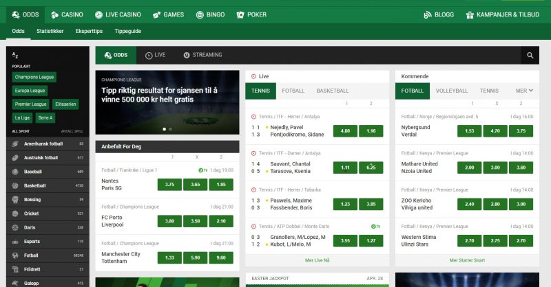Unibet Norge odds skjermbilde