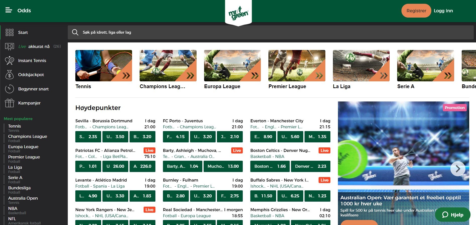 Spill på odds fra Kambi hos Mr Green